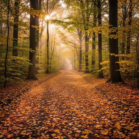 Peaceful forest scene with sunlit trees, fallen leaves, and a winding path