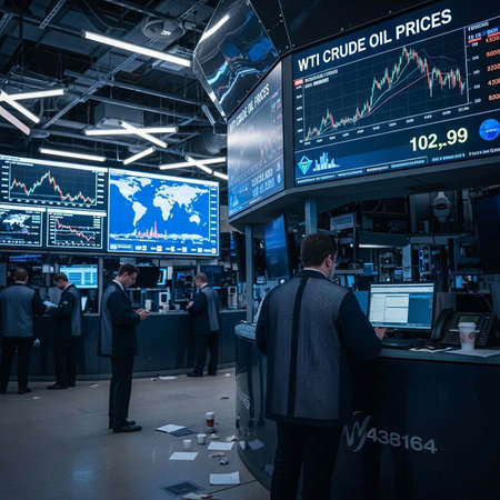 Men in suits standing and working at desks with multiple large screens displaying stock market and...