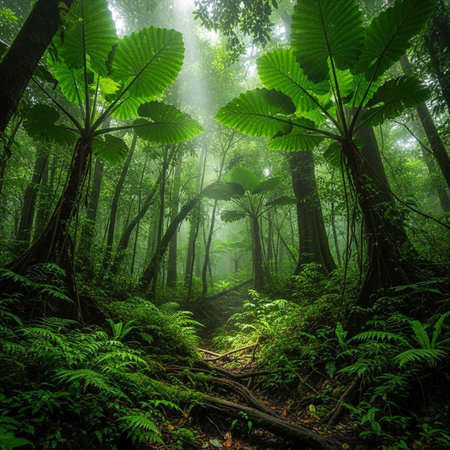 Dense jungle with large leaves, ferns, and trees under sunlit beams in a misty atmosphereの写真素材