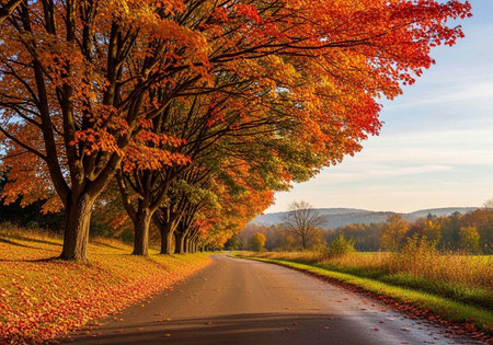 A picturesque road winds through a colorful autumn landscape with trees, leaves, and grassy fields