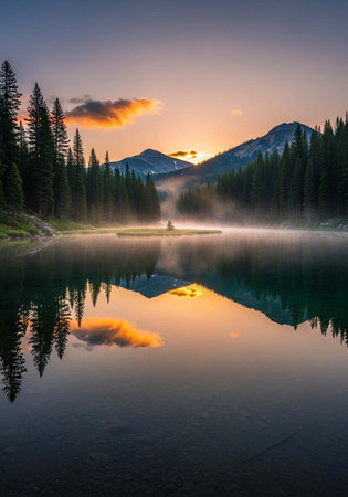 Peaceful lake surrounded by evergreen trees and snow-capped mountains at dawn with mist and reflectionの写真素材