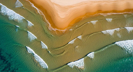 Aerial shot of beach with sand, foamy waves, and turquoise water
