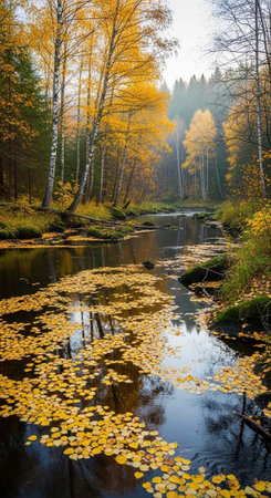 Peaceful river scene with yellow leaves, surrounded by trees and greenery in a forest settingの写真素材