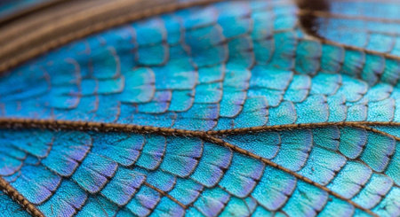 Shimmering blue butterfly wing with brown veins and scales, iridescent texture, macro photography