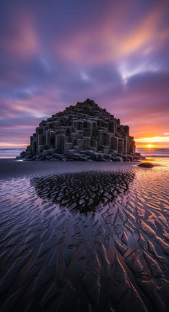 Large rock formation on sandy beach with reflective water and vibrant sunset colors in the...