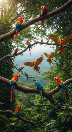 Colorful birds with red, blue, yellow, and orange feathers perch on tree branches in a dense green...