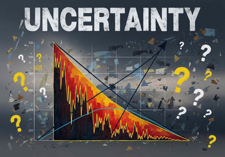 Graph with downward trend, question marks, and uncertainty text on dark background