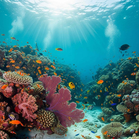 Colorful coral reef with diverse fish species, sunbeams, and clear blue ocean water