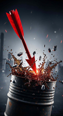 Red arrow strikes metal can, causing explosion and debris splash in dark environment