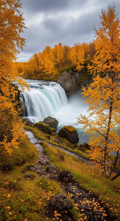 Waterfall cascades down rocky slope, surrounded by orange trees, green grass, and mossy rocks under cloudy skyの写真素材