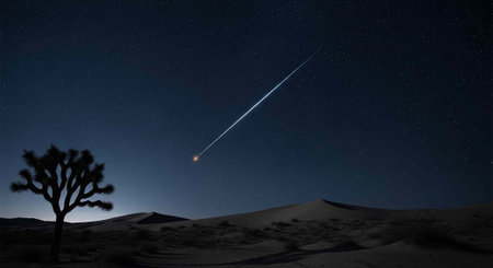 A desert scene at night featuring a meteor streaking across the starry sky above a Joshua tree