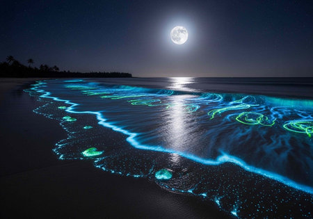 A serene beach scene at night with glowing blue and green waves under a full moonの写真素材