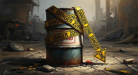A rusty metal barrel wrapped with yellow danger zone tape in a desolate industrial settingの写真素材