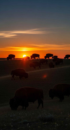 Herd of bison grazing in a field at sunset with a vibrant orange sky and silhouetted animalsの写真素材