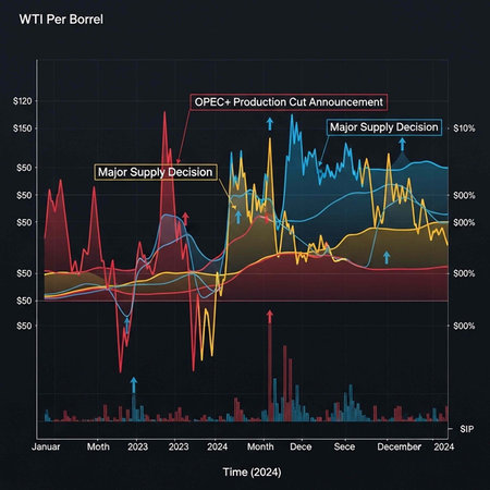 A line graph showing WTI oil prices with key events marked, including OPEC+ production cuts and...