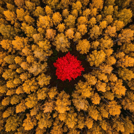 A lone red tree stands out among yellow trees in a forest from an aerial perspectiveの写真素材