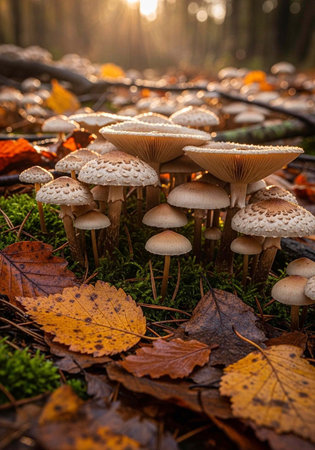 Mushrooms with brown caps and white spots grow among fallen leaves and green moss in forest floorの写真素材