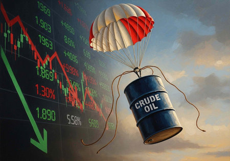 A crude oil barrel with a parachute floats down in front of a declining stock market graph and cloudy skyの写真素材