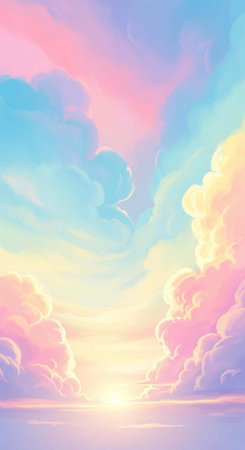 Colorful sky with pastel clouds at sunset, featuring soft pink, blue, and yellow hues