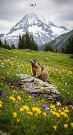 A marmot sits on a rock surrounded by yellow, purple, and white flowers in a green meadow with a snow-capped mountain.の写真素材