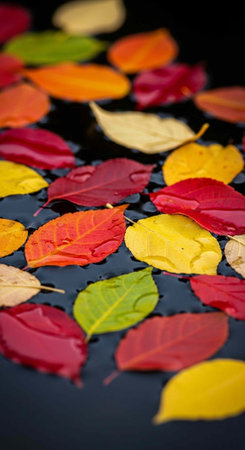 Vibrant red, yellow, orange, and green leaves on black background with water