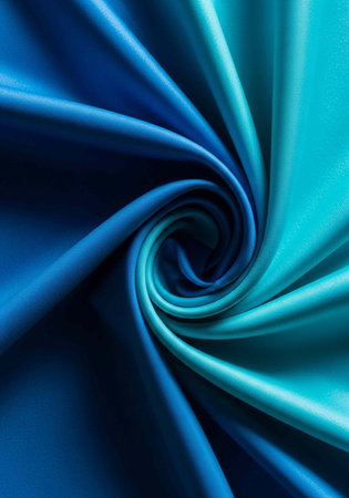 Swirled blue fabric with gradient shades, showcasing smooth silk texture and luxurious folds