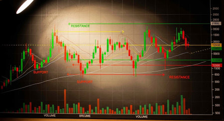 Financial graph with grid background, green and red bars, trend lines, volume indicators, and...