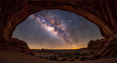 Panoramic view of the Milky Way galaxy through a natural rock arch in a desert landscapeの写真素材