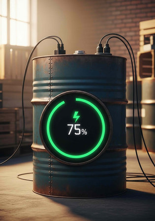 A metal barrel with a green charging interface and cables in a warehouse with a brick wall...