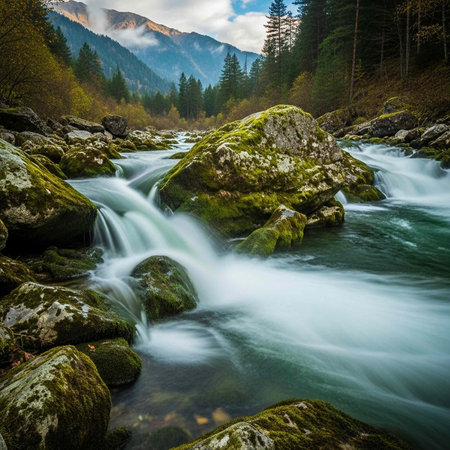 A river flows gently over mossy rocks in a forest with trees and mountains in the background