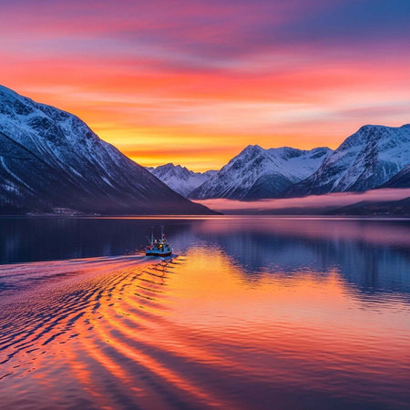 Peaceful boat on calm waters with vibrant sunset reflecting off ripples and snow-capped mountainsの写真素材