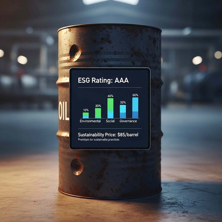 A rusty oil barrel with an ESG rating label showing AAA, sustainability price and statistics