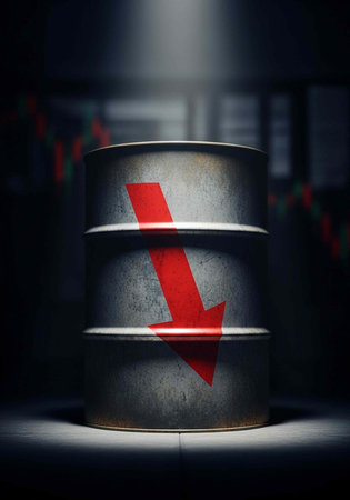 A metal barrel with a red downward arrow, set against a dark background with blurred graphs.の写真素材