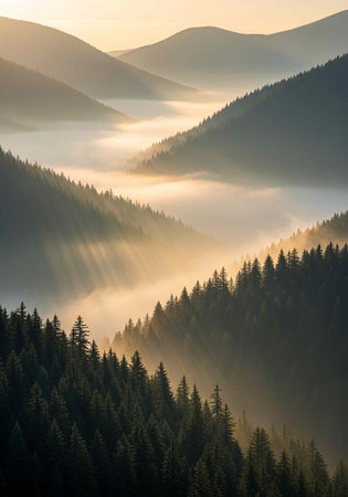 Rolling hills and mountains covered in evergreen trees shrouded in mist with sunlight raysの写真素材