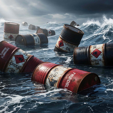 Crude oil barrels scattered in rough sea with stormy sky and foamy waves crashing around them