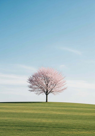 A tree with pink flowers on a grassy hill with a clear blue sky background.