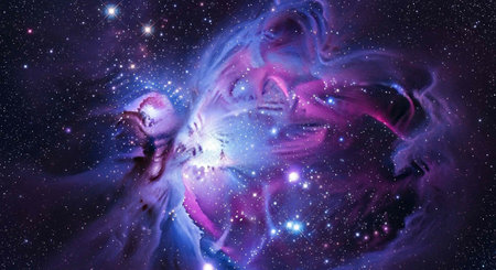 Colorful nebula with purple, pink, and blue hues, stars, and swirling clouds in space