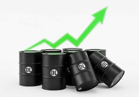 Five black oil barrels with white labels and a green arrow graph rising upwards