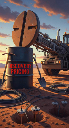 Large oil rig equipment and barrels in desert with machinery and sunset skyの写真素材