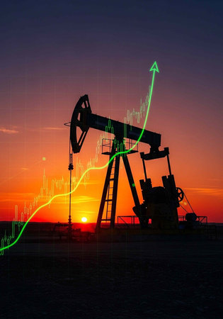 Silhouette of oil pump at sunset with green graph and arrow overlay