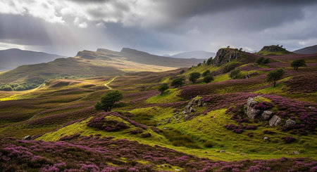 Scenic landscape of purple heather, green hills, and rocky outcrops under a dramatic cloudy sky
