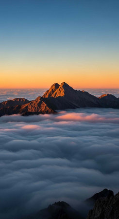 Mountains above clouds at sunrise with orange blue sky