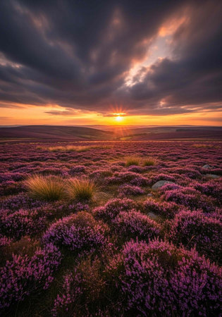 A serene landscape of purple heather flowers at sunset with a cloudy skyの写真素材