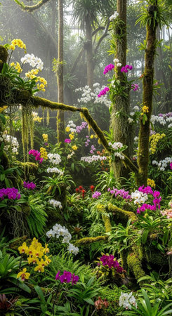 Lush tropical forest with vibrant orchids, mossy trees, and dense foliage under a misty atmosphere.