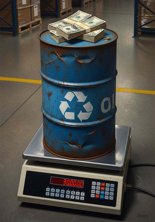 A blue recycling barrel on a digital scale in a warehouse with boxes and shelves