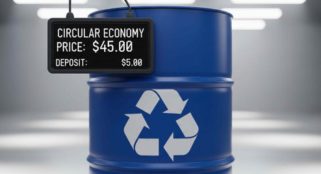 A blue metal barrel with recycling symbol and price tag in a modern industrial environment