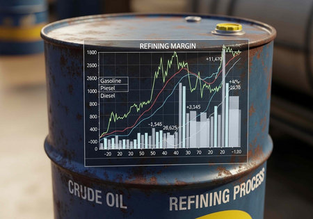 Close-up of a rusty oil barrel with a graph showing refining margin and crude oil labels