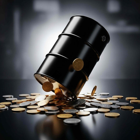 Black oil barrel spills coins on dark floor with dramatic spotlight shining behind it