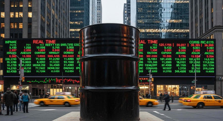Black oil barrel on city street with stock market display, yellow taxis, and skyscrapers in...