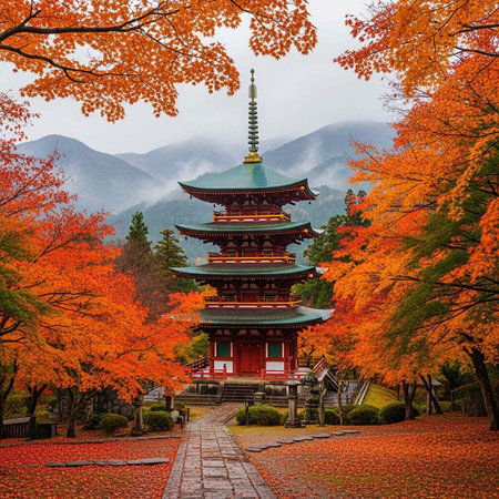 Serene pagoda amidst vibrant orange trees, stone pathway, and majestic mountains in the background.